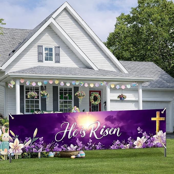 He Is Risen Easter Banner Christian Resurrection Spring Decor 78 x 17 Inch Religious Purple Cross Flower Scene Banner for Church Yard Fence Door Wall Indoor Outdoor Easter Display