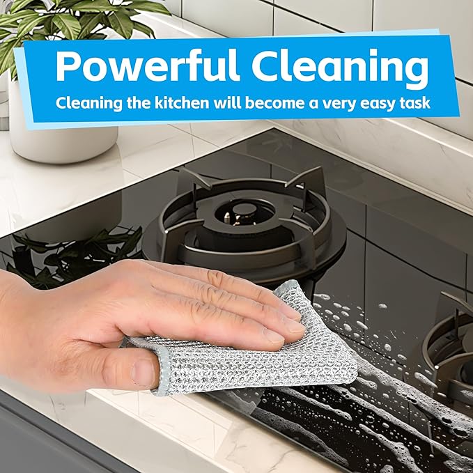 12Pack Multipurpose Wire Dishwashing Rags, Upgrade Non Scratch Wire Dishcloth, for Wet and Dry Use, Reusable Metal Scrubbing Microfiber Clean Cloths for Home/Kitchen/Stove