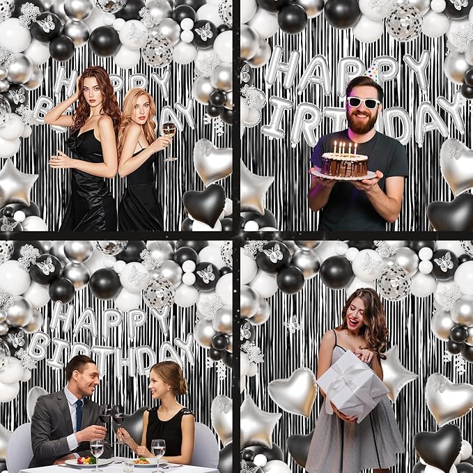 Black and Silver Birthday Decorations for Men Women, Black White Silver Confetti Balloons Happy birthday Banner Butterfly Fringe Curtains for 21st 25th 27th 30th Birthday Decorations