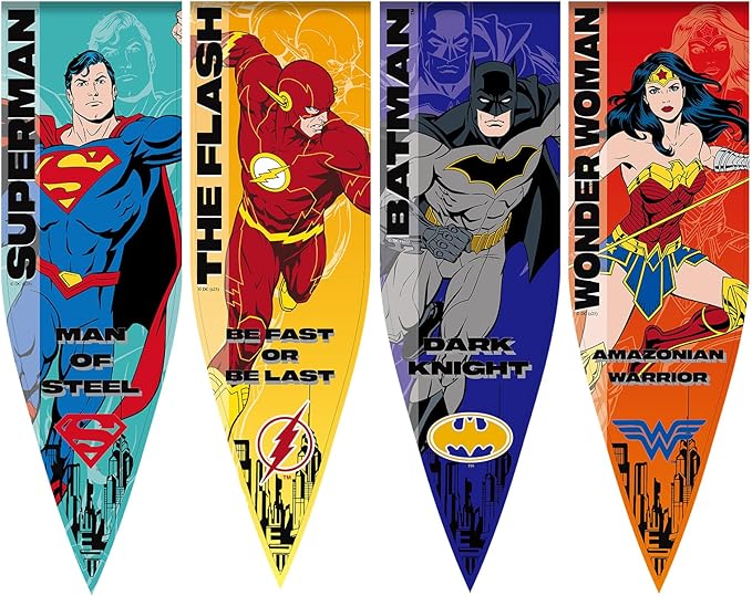 Superhero Banner Flag 4PC, 18"x59" Super Hero Backdrop Birthday Decorations, Superhero Pennant Flags for Party Room Wall Decor