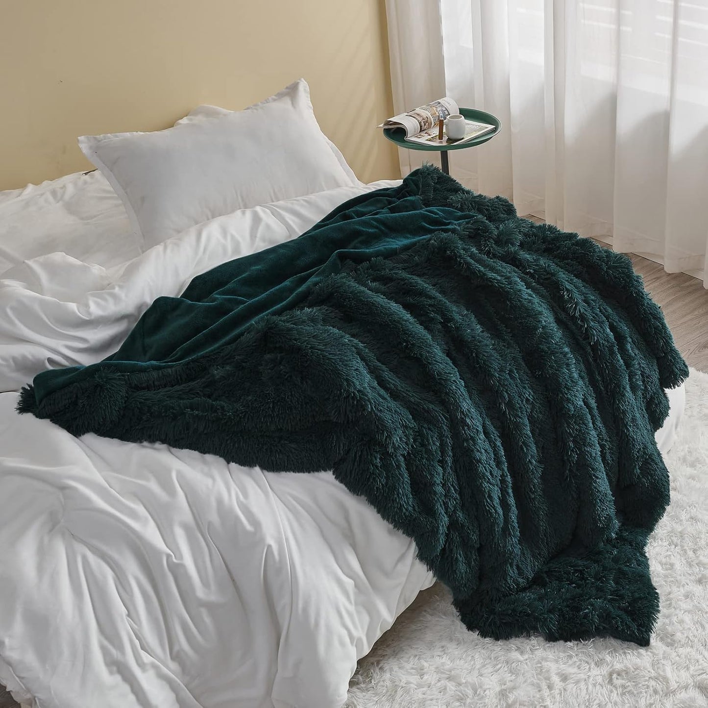 GONAAP Fuzzy Faux Fur Throw Blanket Queen Size Dark Teal Super Soft Cozy Plush Fuzzy Shaggy Blanket for Couch Sofa Bed (Dark Teal, Queen(90"x90"))