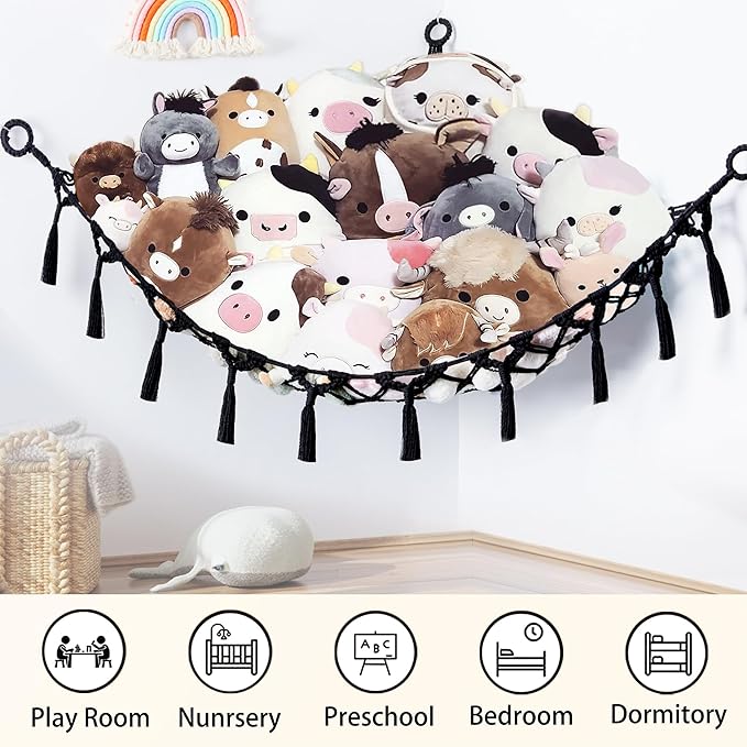 Stuffed Animal Net or Hammock with Light,Yewiwin Macrame Hanging Net Hammock for Stuffed Animal Toy Storage Organizer Boho Decor Room Holder for Nursery Play Room Bedroom (Black(55"*55"*72"))