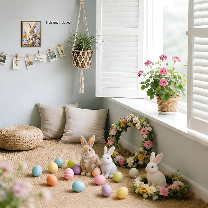 Easter Bunny Wall Art Poster, Cute Bunny with Eggs Picture Prints, Vintage Cottage Holiday Theme Canvas Artwork, Modern Farmhouse Wall Decor for Kids Room Bedroom Living Room 12x16in Unframed