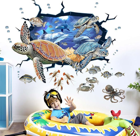 Sea Turtle Wall Stickers for Kids: Peel and Stick Under The Sea Marine Ocean Fish Wall Decals for Baby Nursery Kid Bedroom Toddler Room - Children Supplies Ages 1-12 Year Wall Decor