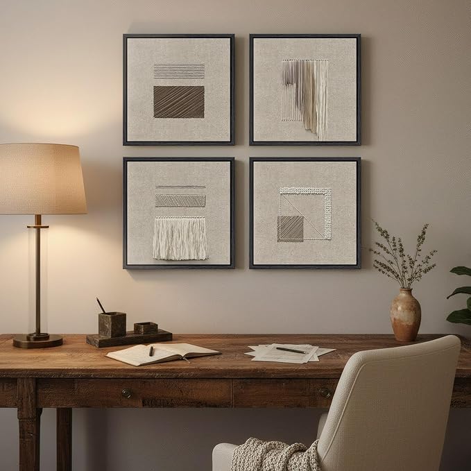 Framed Abstract Geometric Wall Art Decor, 4 Piece Modern Minimalist Neutral 2D Canvas Wall Art Prints, Contemporary Beige Square Artwork for Walls Living Room Dining Room Bedroom Hallways, 12x12