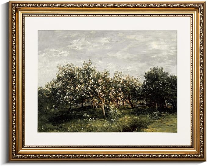 VIYYIEA Gold Framed Impressionist Landscape Orchard Wall Art, Elegant Nature Scene for Living Room Decor | Zero-Glare No Glass Design, Lightweight Canvas Painting | 13x16 Inch