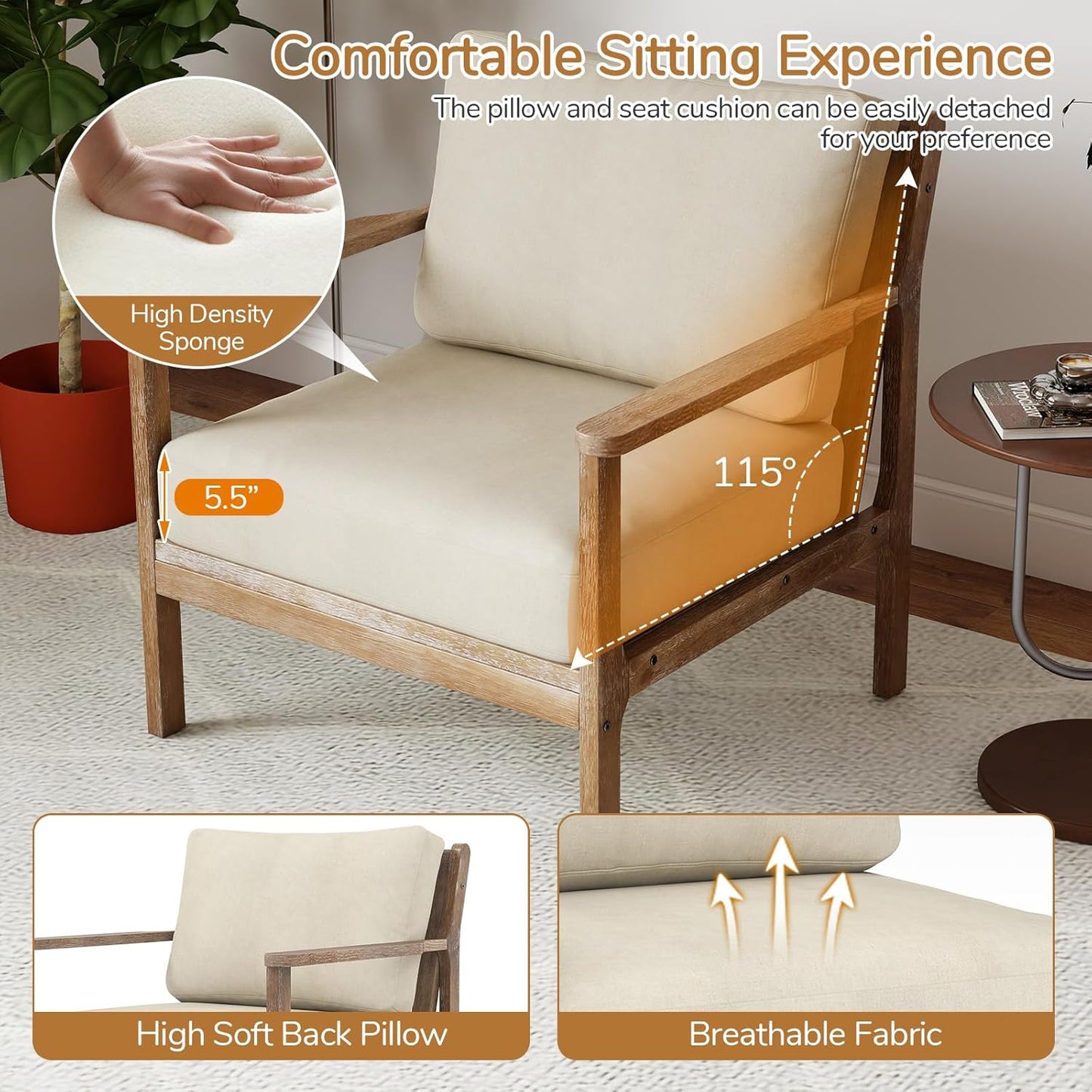 Giantex Mid Century Modern Accent Chair, Wooden Arm Chair w/Solid Wood Frame, Removable Seat Cushion & Pillow, Vintage Comfy Reading Chair for Living Room, Bedroom, Study