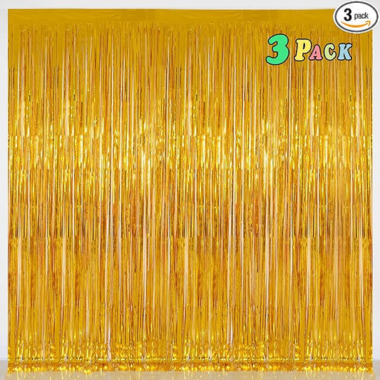 Foil Fringe Curtains Party Decorations for 2026 NYE - Melsan 3 Pack 3.2 x 8.2 ft Tinsel Curtain Party Photo Backdrop for Birthday Party Baby Shower or Graduation Decorations (Pure Gold)