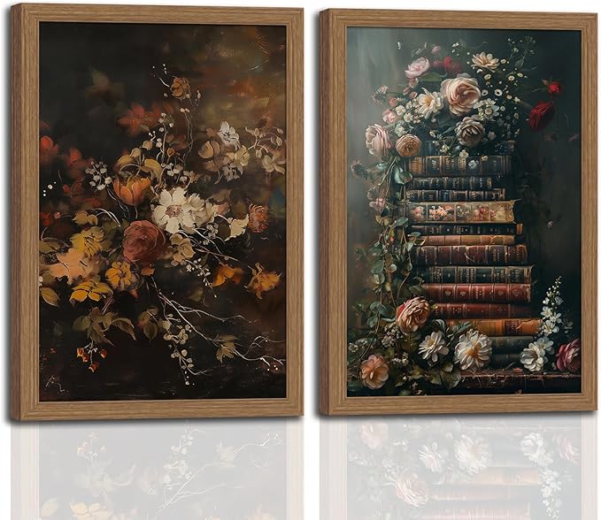 2Pcs framed vintage dark floral wall art Moody Flowers Books elegant stacks of books and blooming flowers canvas paintings home decor art suitable for living room, bedroom and office12X16In