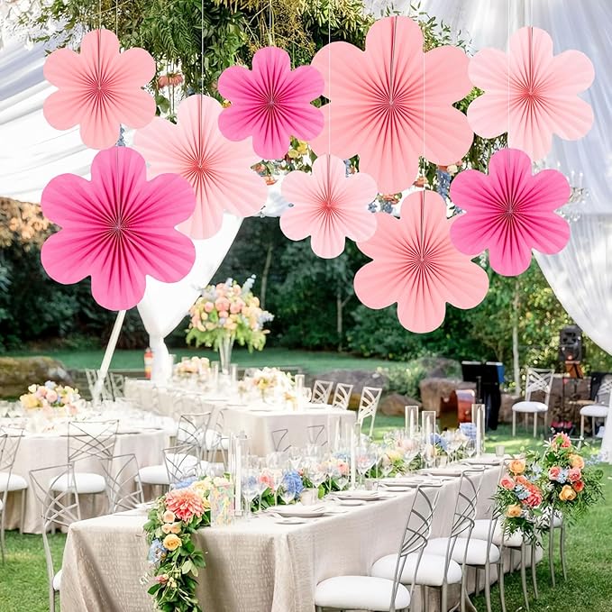 SUNBEAUTY Paper Flowers Decoration, Set of 9 - Hot Pink Paper Flower for Wall Hanging Ornaments, Party Fans & Floral Backdrop for Weddings Baby Showers Birthdays Valentine Mother's Day & More