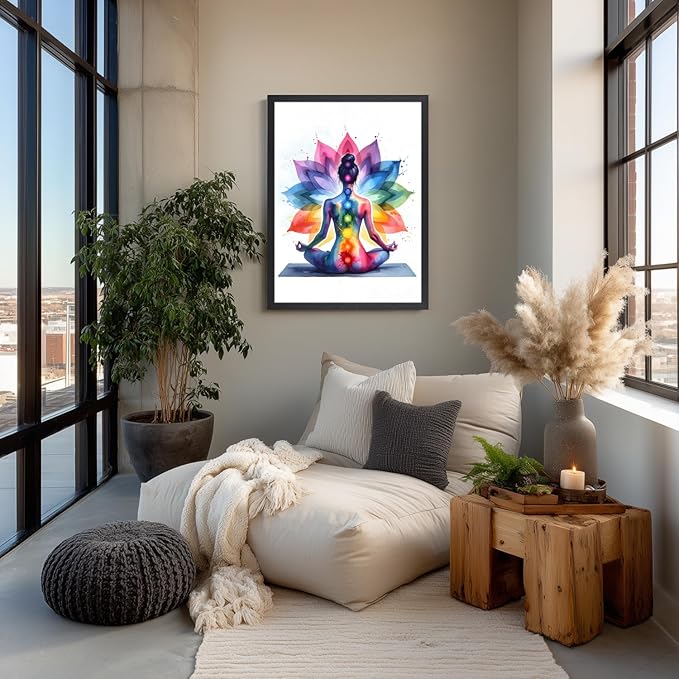 GELDSTEI Wood Framed Zen Wall Art, Chakra Yoga Wall Decor, Colorful Meditation Poster Print, Spiritual Canvas Painting, Vibrant Meditating Woman Aesthetic Picture for Living Room Yoga Studio 16x24 Inch