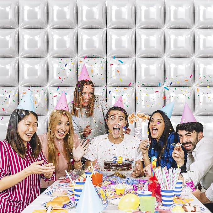 NISOCY 48PCS White Square Foil Balloons Wall Backdrop Double Sided Pearl White Balloons Tunnel Arch Kit for Birthday Wedding Engagement Bridal Baby Shower Party Decoration