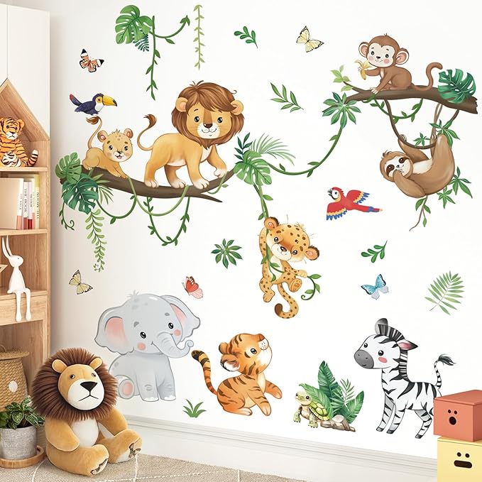 wondever Jungle Animals Tree Branch Wall Stickers Safari Lion Elephant Monkey Peel and Stick Wall Art Decals for Baby Nursery Kids Bedroom Living Room