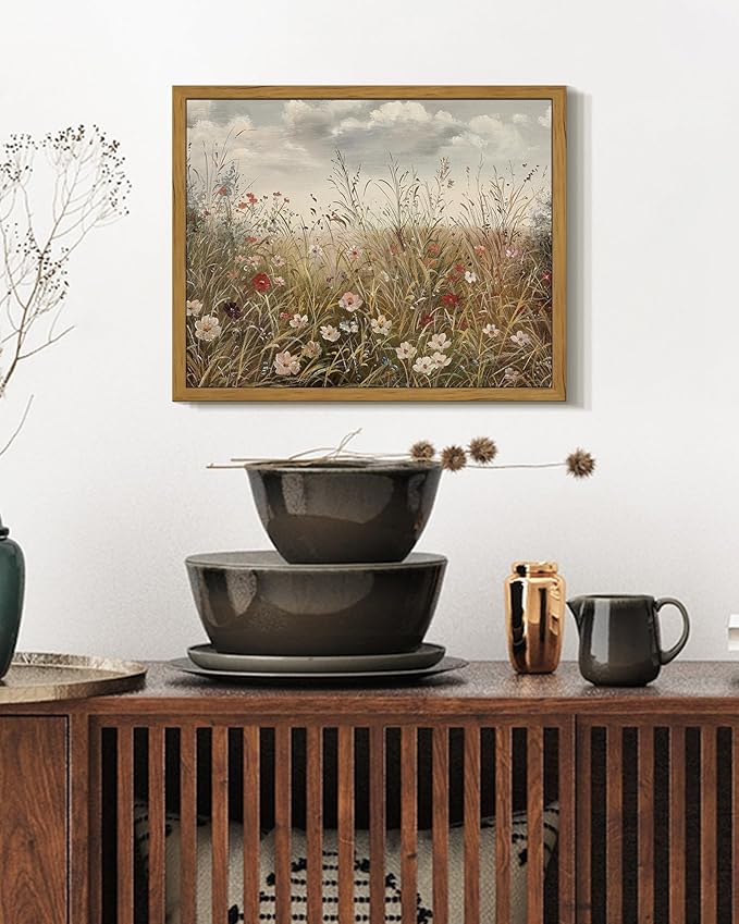 SHENIFY Vintage Landscape Framed Wall Art Meadow with Flowers Farmhouse Decor Retro Wildflower Field Scenery Painting for Kitchen Living Room Bedroom Bathroom - 8x10in Natural Framed