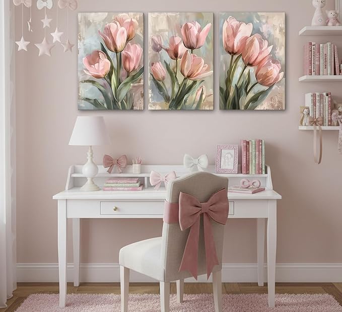 3 Pcs Vintage Pink Tulips Flowers Canvas Wall Art Retro Spring Pink and Green Floral Botanical Paintings Pictures Wall Decor Poster Print Artwork for Living Room Bedroom Home Decoration
