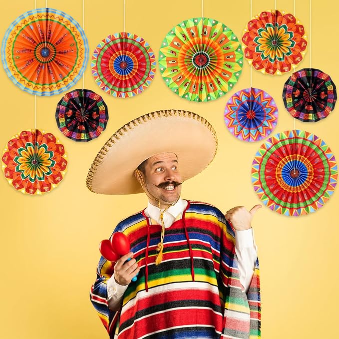 Outus 9 Pcs Mexican Fiesta Hanging Paper Fans Decorations Fiesta Party Supplies Cinco De Mayo Ceiling Wall Decor for Taco Tuesday Event Decor Luau Event Photo Props Carnival Supplies