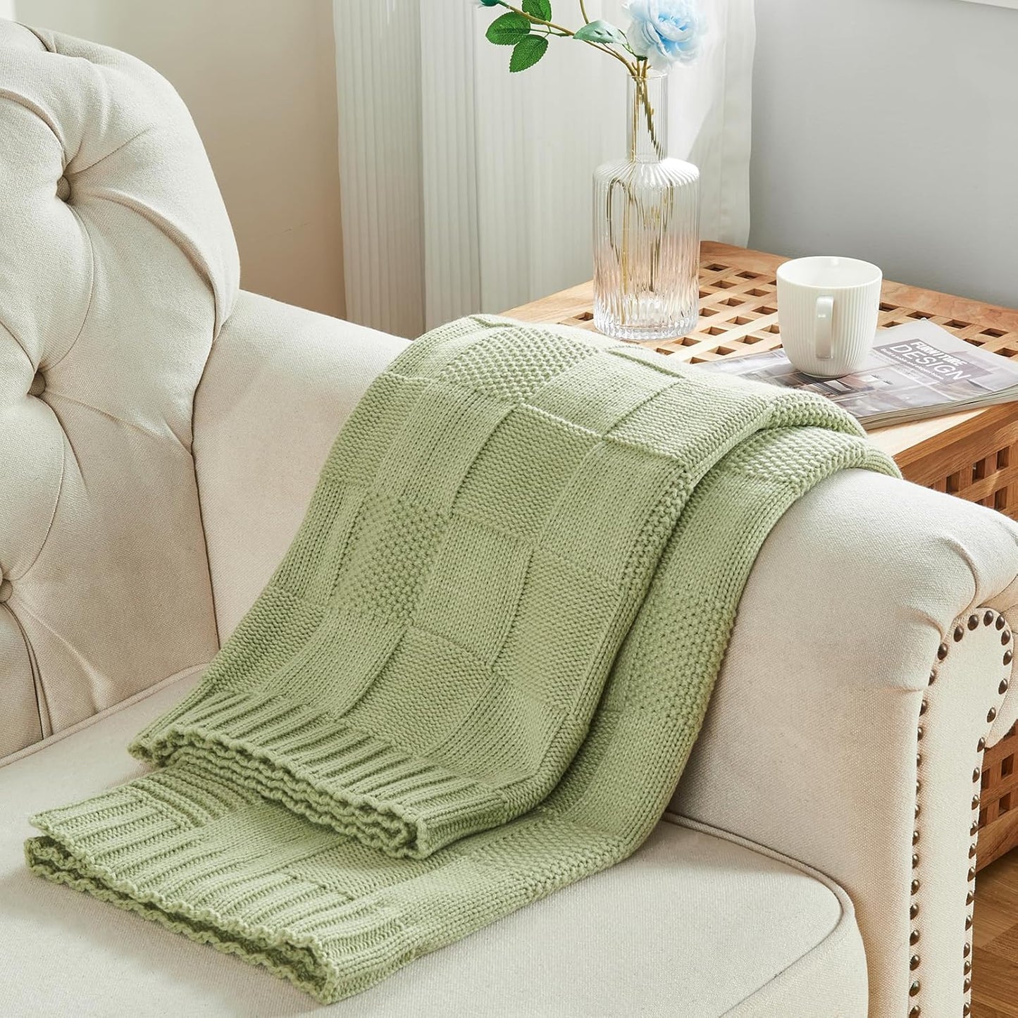 CozeCube Check Knit Throw Blanket, Sage Green Checkered Throw for Couch, Decorative Christmas Soft Cozy Warm Knitted Blanket for Bed Sofa Living Room, 50"X60"