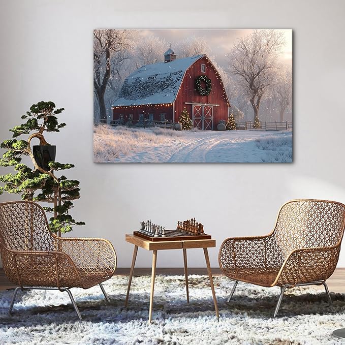 Christmas Barn Wall Art Vintage Farmhouse Canvas Wall Decor Christmas Tree Poster Prints Rustic Winter Snowy Scenic Pictures Country Painting Artwork for Living Room Bedroom Home Decorations 32x48"