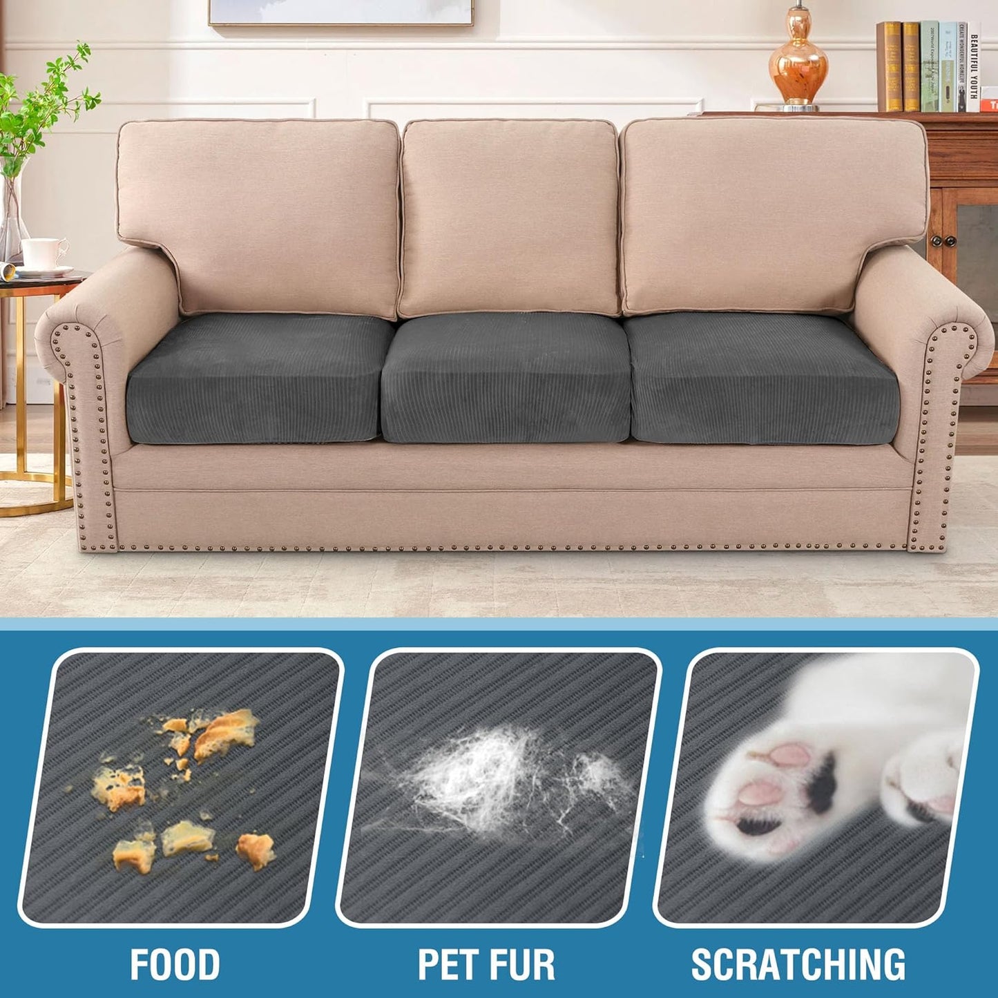 H.VERSAILTEX Velvet Stretch Couch Cushion Cover Plush Cushion Slipcover for Chair Loveseat Sofa Cushion Furniture Protector Seat Cushion Sofa Cover (3 Piece XL Sofa Cushion Covers, Grey Striped)