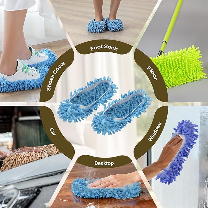 uxcell 4 Pcs Mop Slippers, Mop Socks Microfiber Shoe Covers Washable Mopping Slippers for Floor Cleaning Office Home Use Women Men, White Trim, Coffee