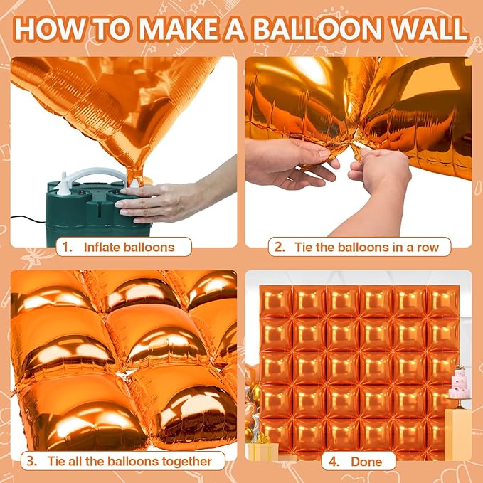 NISOCY 36PCS Orange Square Foil Balloons Wall Backdrop Double Sided Orange Balloon Tunnel Arch Kit for Birthday Graduation Wedding Halloween Thanksgiving Baby Shower Party Decorations
