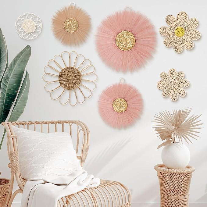 Chunful 7 Pcs Boho Wall Basket Decor Rattan Flower Wall Decor Nursery Daisy Flower Woven Macrame Hanging Flowers for Baby Kids Girls Farmhouse Bedrooms Living Rooms Kitchen Home (Dark Pink)