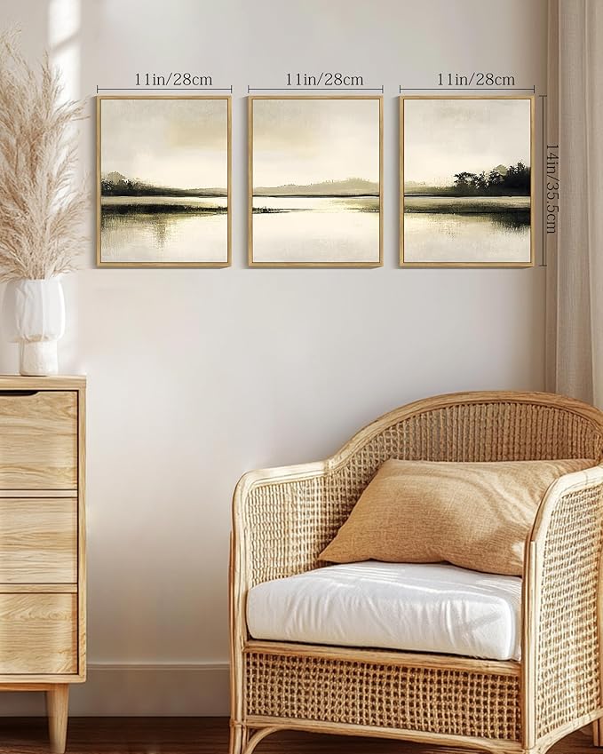 Drsoum Vintage Black Gray Abstract Laker Landscape Wall Art Framed Brown Tan Neutral Prints Minimalist Modern Rustic Artwork Bedroom Living Room Ready to Hang 11x14in Natural Framed