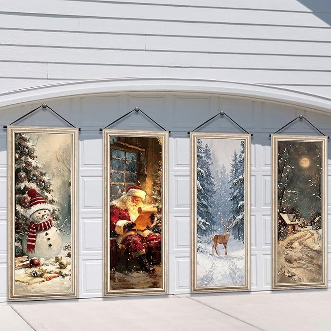 Tiamon 4 Pcs Vintage Christmas Halloween Carnival Porch Banners Retro Santa Clown Stretching Portraits Wall Decorations Gothic Porch Sign Backdrop for Xmas Indoor Outdoor Hanging Decor (Christmas)