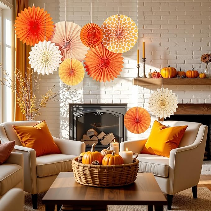 SUNBEAUTY Pack of 7 Hanging Paper Fans Collection Orange Paper Fans Home Party Photo Backdrop Decorations