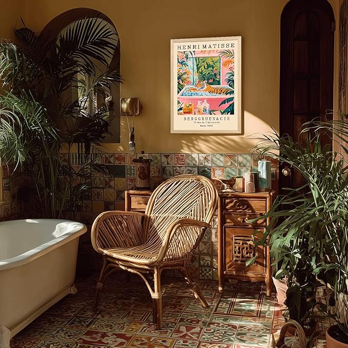 IAFWZX Wood Framed Funny Bathroom Wall Art, Humorous Tiger In Bathtub Wall Decor, Henri Matisse Whimsical Animal Canvas Painting, Colorful Tropical Botanical Artwork for Living Room Bedroom 12"x16"