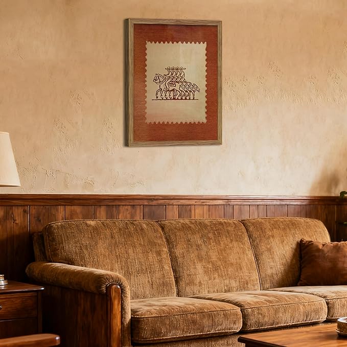 Framed Rustic Stamp Wall Art, Vintage Mexico Cowboys on Horseback Wall Decor, Earthy Tones Western Cowboy Canvas, Modern Farmhouse Pictures Prints for Bedroom Living Room – 12x16 inch