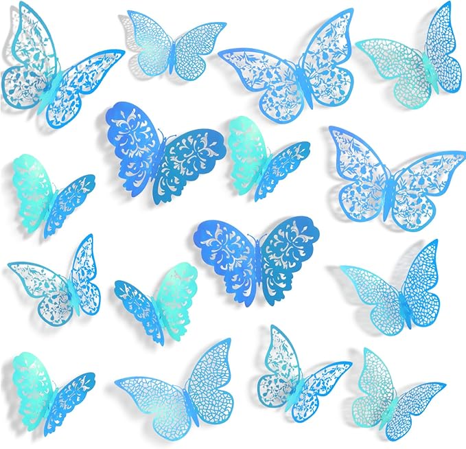 Bememo 72 Pieces 3D Butterfly Wall Decals Sticker Decal Wall Decor Art Decorative Sticker 3 Sizes for Room Offices Bedroom Bathroom Living Room Decor(Holographic Blue)