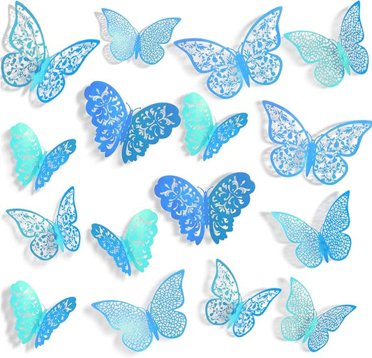 Bememo 72 Pieces 3D Butterfly Wall Decals Sticker Decal Wall Decor Art Decorative Sticker 3 Sizes for Room Offices Bedroom Bathroom Living Room Decor(Holographic Blue)