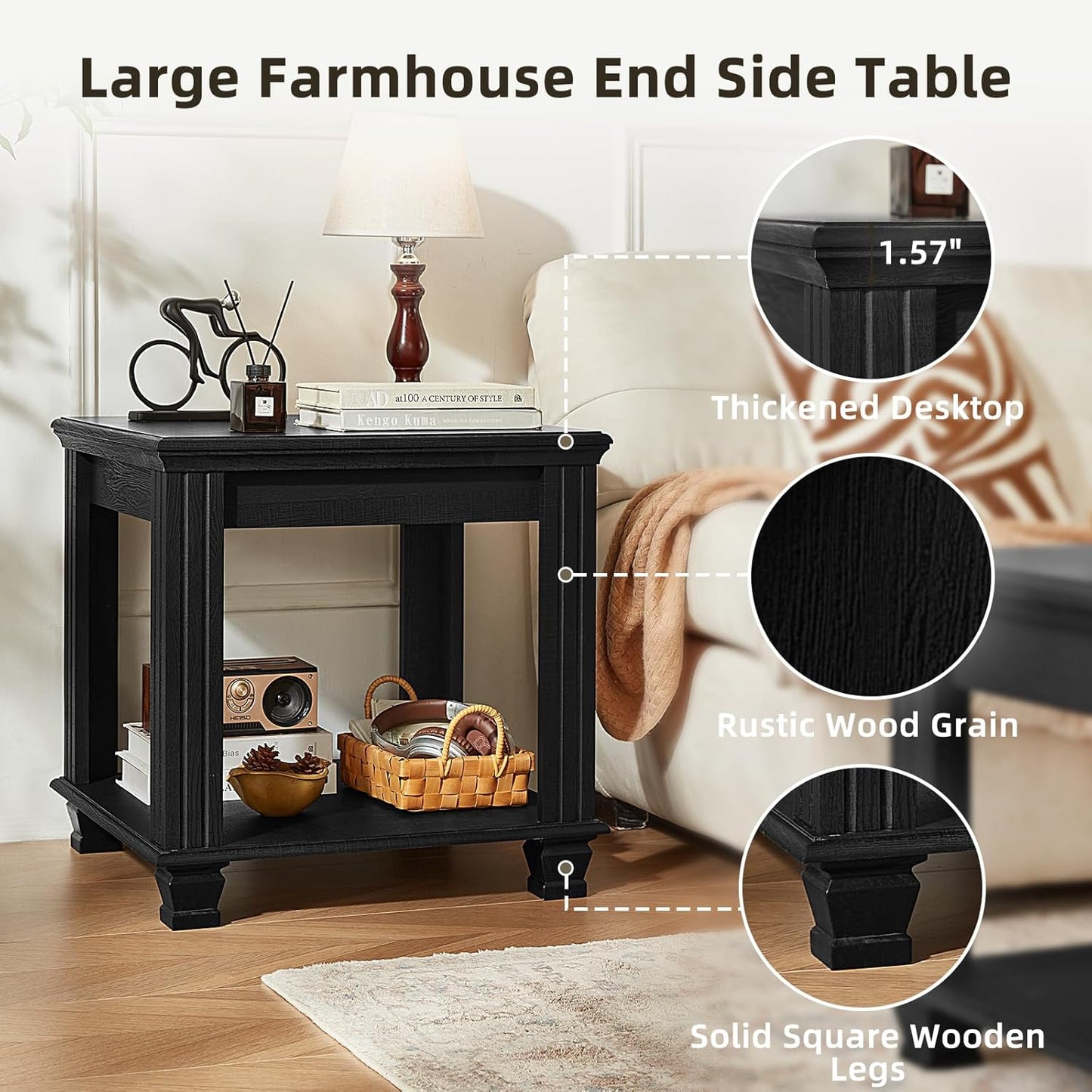 Farmhouse End Table Set of 2,Large Side Table with 2-Tier Storage Shelf,Rustic Wood End Tables for Living Room,Square Tea Table, Black