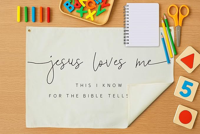 Jesus Loves Me Christian Bible Verse Scripture Nursery Canvas Banner-Rectangular Flag Sign for Baby Boy Girl Kids,Bedroom Playroom Above Crib Decoration-Baby Shower Baptism Christmas Gift