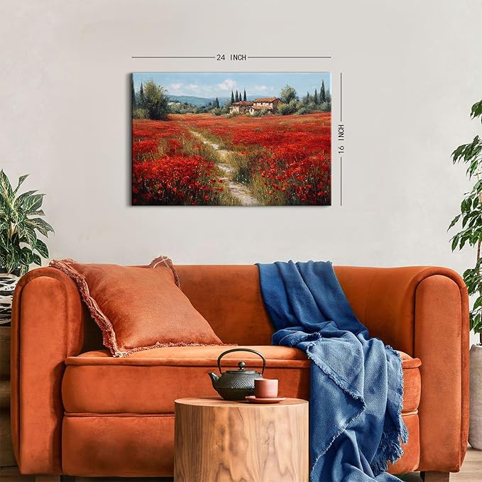 Abstract Red Flowers Wall Art Nature Poppy Landscape Canvas Wall Prints Vintage Floral Field Posters for Bathroom Country Flower Scenic Paintings Artwork for Living Room Bedroom Home Decoration 16x24"