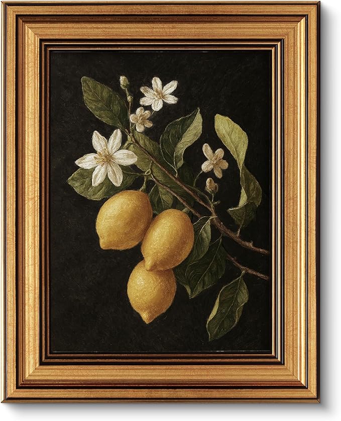 ARPEOTCY Gold Framed Canvas Art Prints, 8x10inch, Lemon Botanical Art Painting, Vintage Still Life Decor for Kitchen Dining Room Bedroom Bathroom Shelf, Rustic Country Cottagecore Pictures