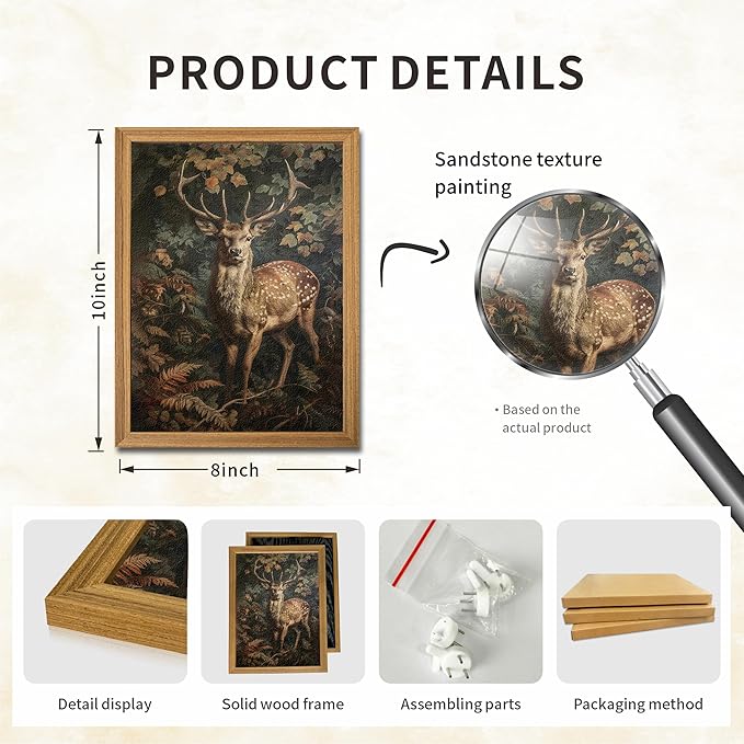 Framed 3D Textured Vintage Wall Art - Dark Academia Decor Sika Deer Hand Drawn Sandstone Paintings with Botanical Florals, Aesthetic Wall Decor for Living Room Bedroom Home 8x10 inch