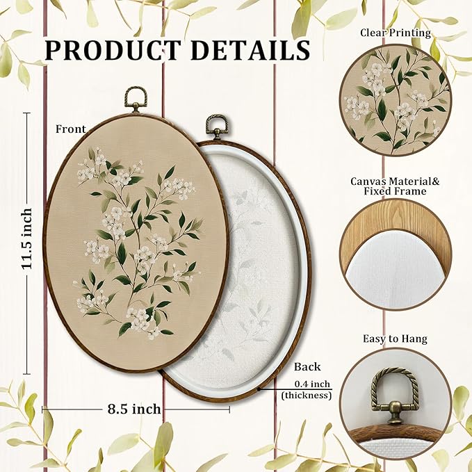 JQF Vintage Floral Jasmine Oval Wall Art, Cottagecore Botanical Oval Canvas Wall Art, Rustic Floral Framed Prints Hanging Decor for Home Bedroom Living Room, 8.5x11.5 Inch