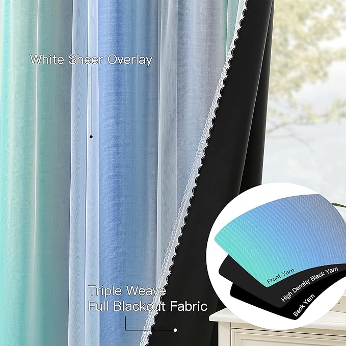 XiDi Blue Green Grey Blackout Curtains 63 Inches Long for Living Room Bedroom 2 Panels Double Layer Curtains Rainbow Kids Grommet Window Drapes for Nursery Princess Unicorn Wall Decals 52 Inches Wide