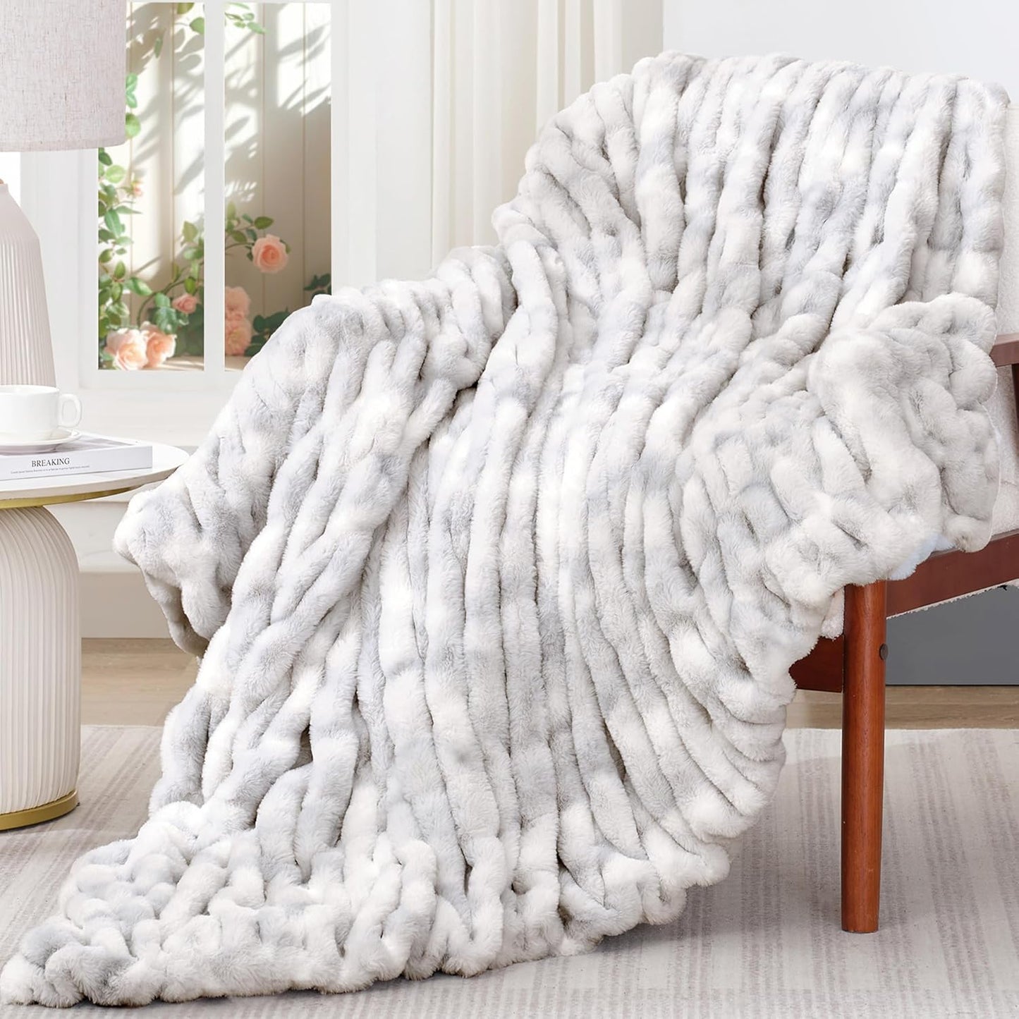 Touchat Ruched Faux Rabbit Fur Blanket, 700 GSM Luxury Dual-Sided Soft Cozy Blanket, Fuzzy Fluffy Plush Throw for Bed, Couch and Sofa - 60"x80", Tie-dye Grey