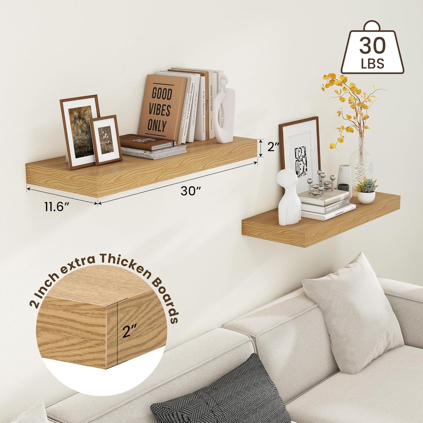 12 Inch Deep Floating Shelves | 30W x 12D Rustic Floating Shelves for Wall Set of 2 | Oak Shelves for Living Room Bathroom Laundry Room Bedroom Kitchen Home Office - Oak