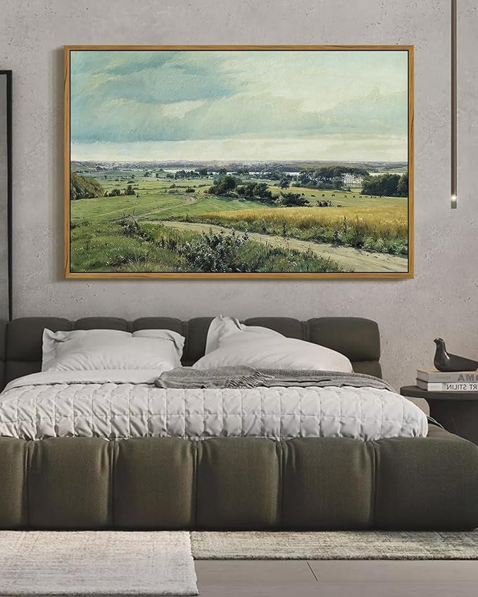 SHENIFY Vintage Landscape Framed Wall Art Rustic Countryside Meadow Farmhouse Decor Retro Grassland Painting for Hallway Living Room Bedroom Dining Room - 24x36in Natural Framed