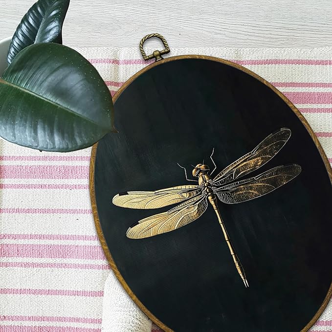 Mcehtle Moody Dragonfly Wall Art Decor, Vintage Dark Academia Insect Oval Framed Canvas Prints 8.6x11.4, Cottagecore Minimalist Round Wall Hanging Artwork Decorations for Gallery Bedroom Living Room