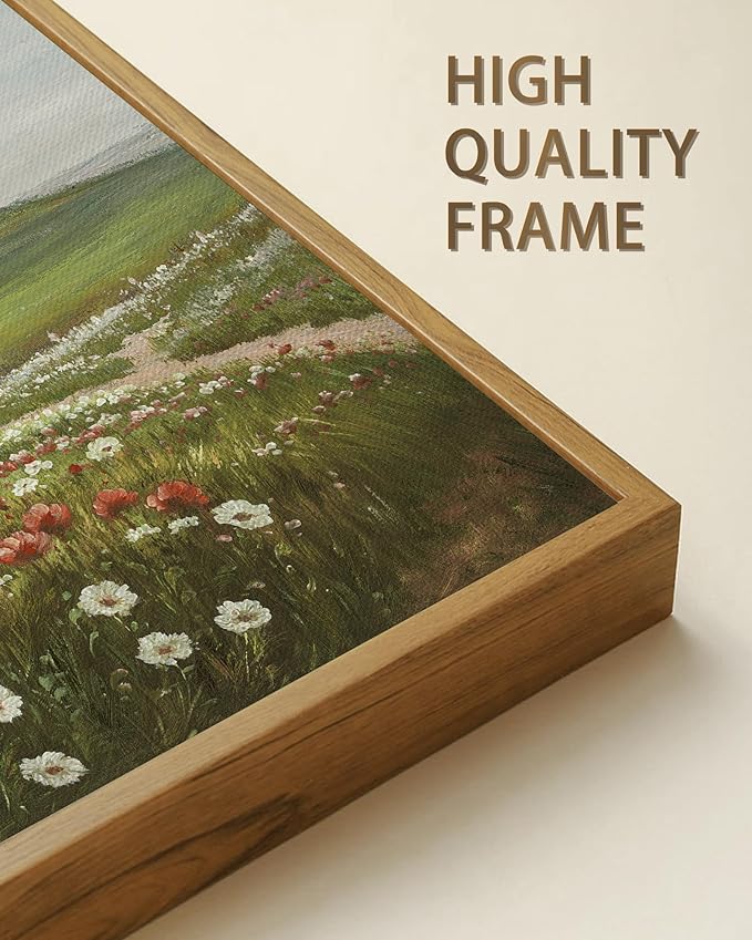 SHENIFY Vintage Landscape Framed Wall Art Meadow with Flowers Scenery Farmhouse Decor Rustic Retro Grassland Floral Field Painting for Hallway Living Room Bedroom - 24x36in Natural Framed