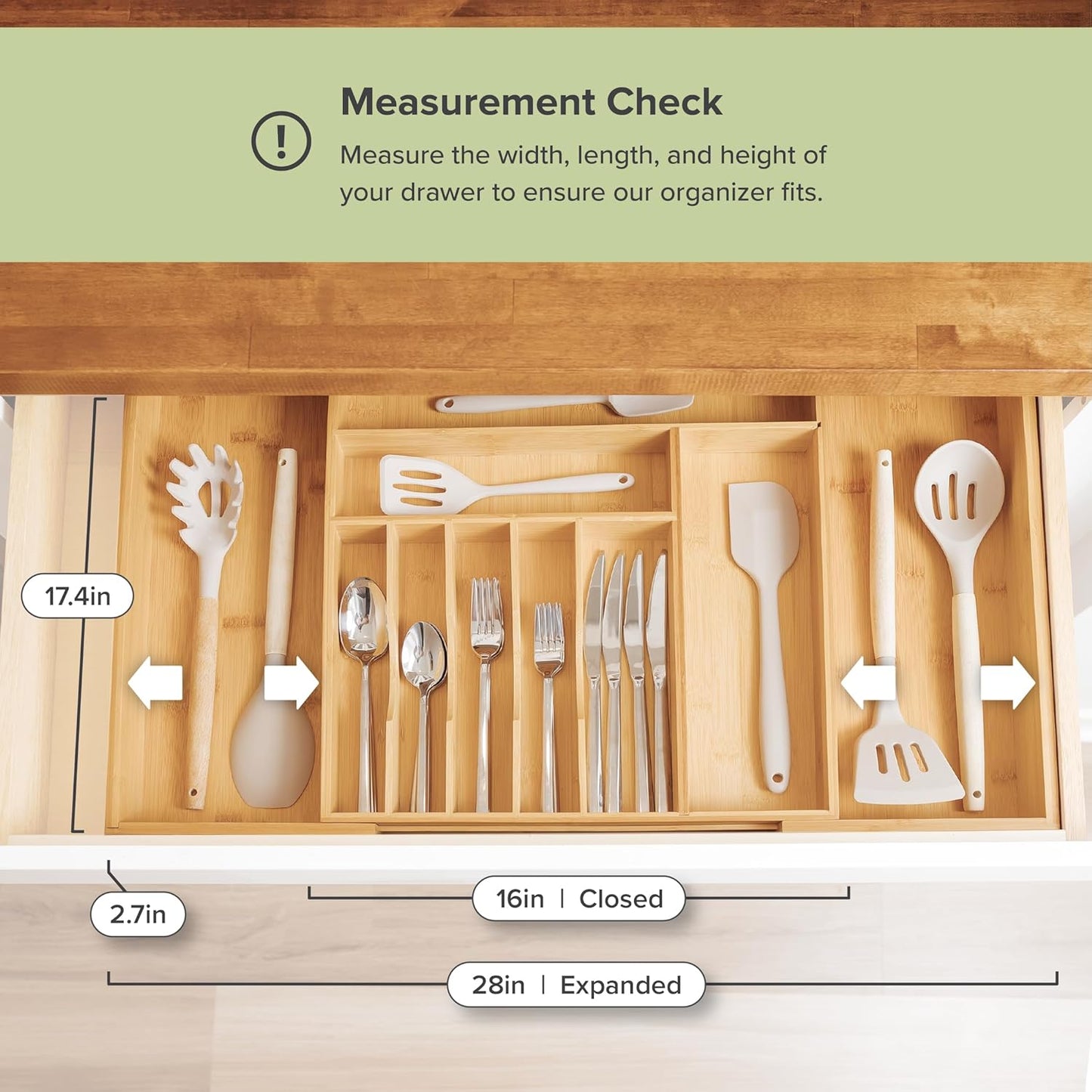 Premium Silverware, Flatware and Utensil Organizer for Kitchen Drawers, Food-Safe Contract Grade, Expandable from 16 to 28 In, Natural Bamboo