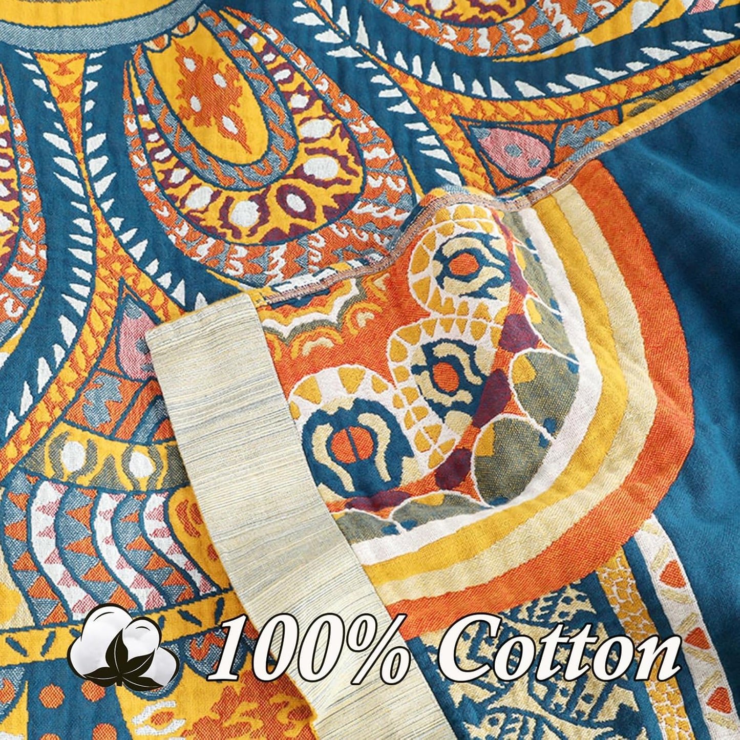 Snycler Boho 100% Cotton Throw Blanket, Decorative Muslin Boho Throw Blanket, Soft Cozy Colorful Bohemian Floral Reversible Blanket with Tassels for Chair Couch Bed Sofa Room Decor, 60x80 Inch