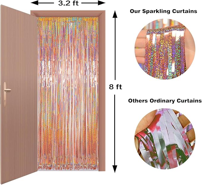 Foil Fringe Curtains Valentines Backdrop Party Decorations - Melsan 3 Pack 3.2 x 8.2 ft Tinsel Curtain Party Photo Backdrop for Birthday Party Baby Shower Rose Gold