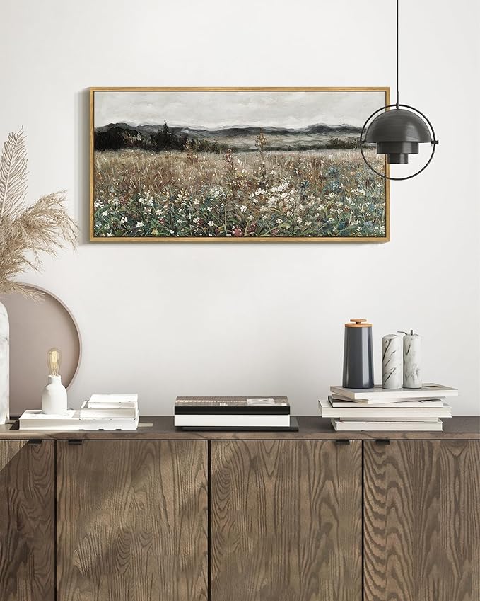 SHENIFY Vintage Landscape Framed Wall Art Meadow Flowers Farmhouse Decor Retro Classic Painting for Kitchen Bedroom Living Room Bathroom - 8x16in Natural Framed