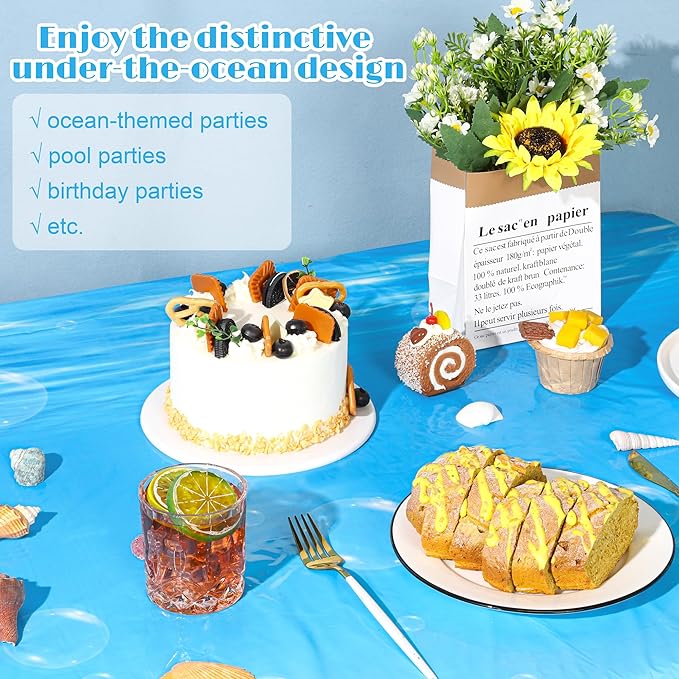 Kochorie 54 Inch x 200 Ft Ocean Waves Plastic Tablecloth Roll in Slide Cutter Box Under the Sea Table Cover Blue Water Print Backdrop Bulletin Board Plastic Roll for Beach Pool Birthday Party Decor